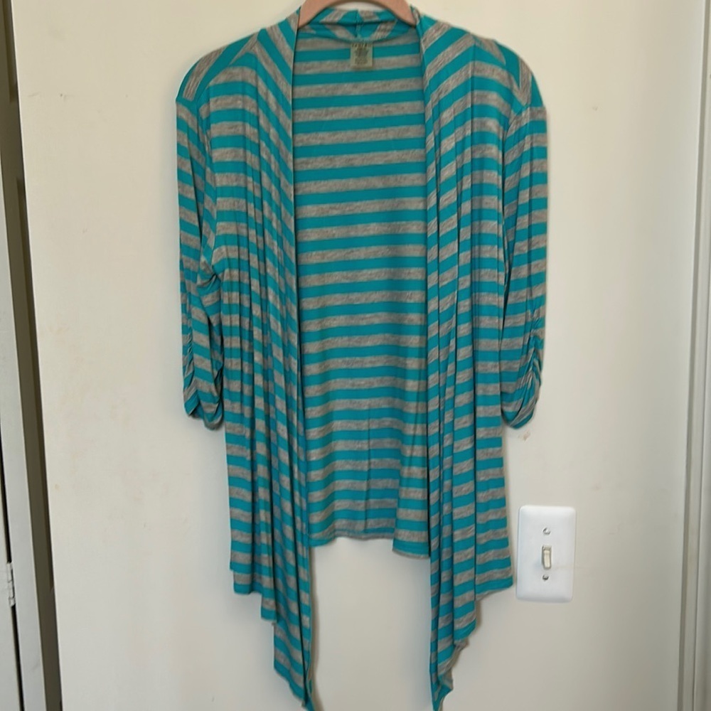 🍀Soybu turquoise and gray stripe waterfall cardigan size medium